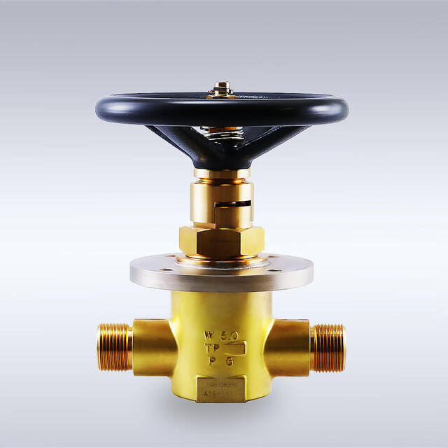 G-115-R型 一般高圧ガス配管用 パネルフランジ付き 黄銅製バックシートバルブ（ストレート型、15mm）